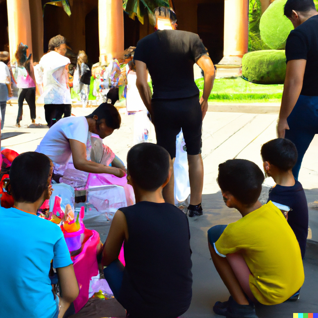 Imagen de niños de vendiendo productos al público, generada por Inteligencia Artificial.